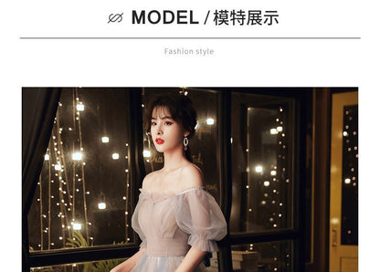 Evening Short-Sleeve A-Line Gown Mesh