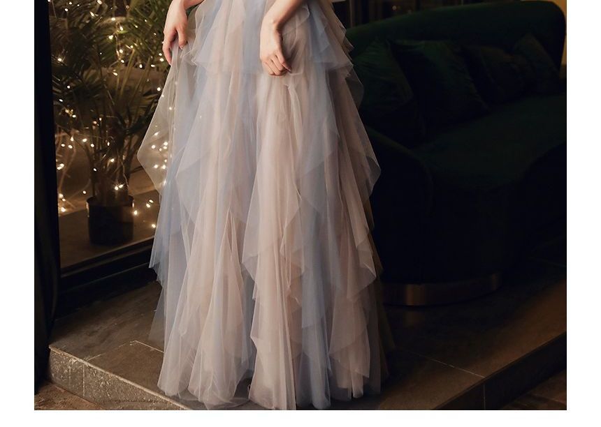 Evening Short-Sleeve A-Line Gown Mesh