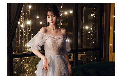 Evening Short-Sleeve A-Line Gown Mesh