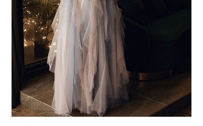 Evening Short-Sleeve A-Line Gown Mesh