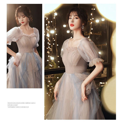 Evening Short-Sleeve A-Line Gown Mesh
