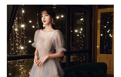 Evening Short-Sleeve A-Line Gown Mesh