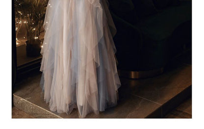 Evening Short-Sleeve A-Line Gown Mesh