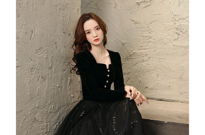 Long-Sleeve Sequin A-Line Evening Gown