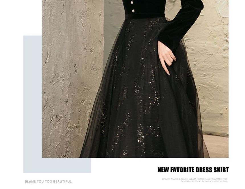 Long-Sleeve Sequin A-Line Evening Gown