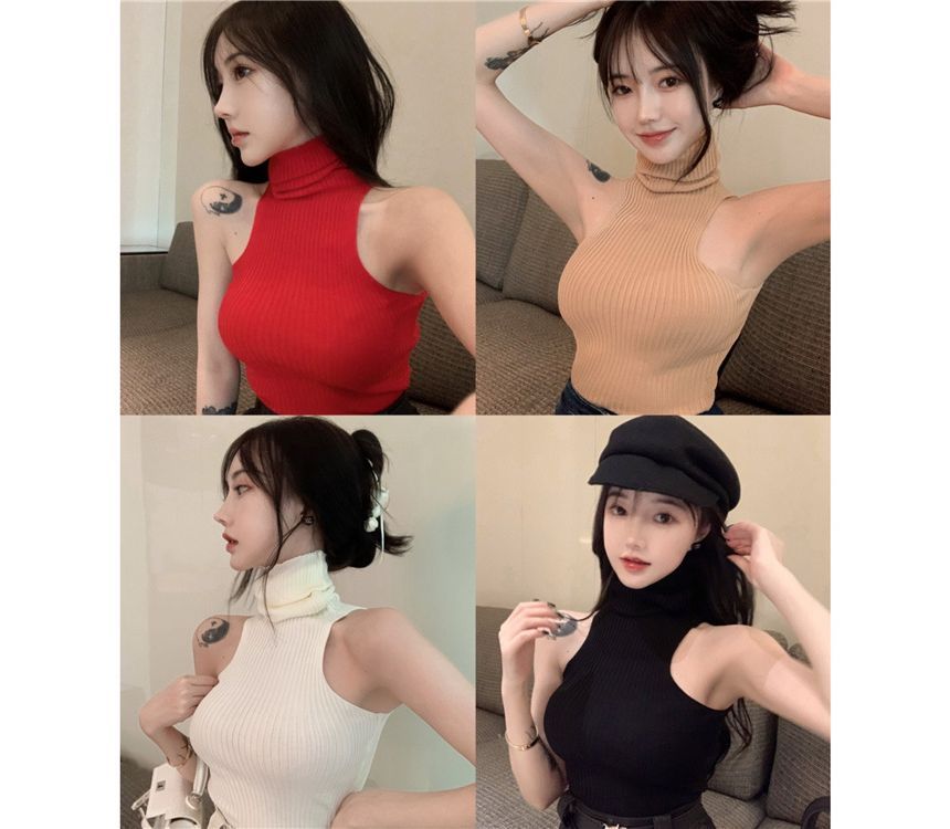 Sleeveless Plain Top Turtleneck