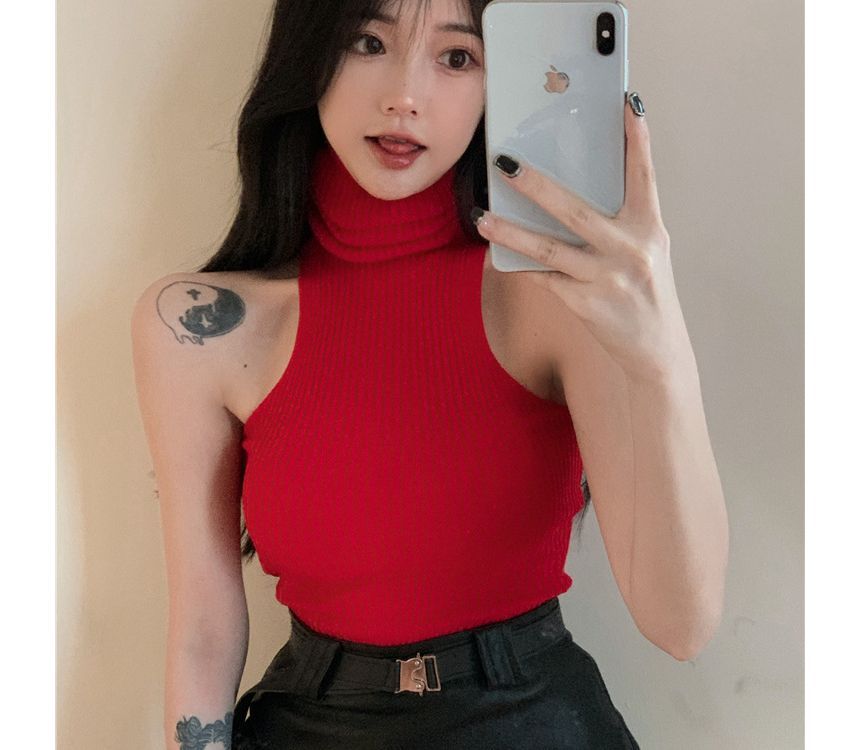 Sleeveless Plain Top Turtleneck