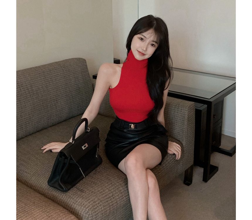 Sleeveless Plain Top Turtleneck