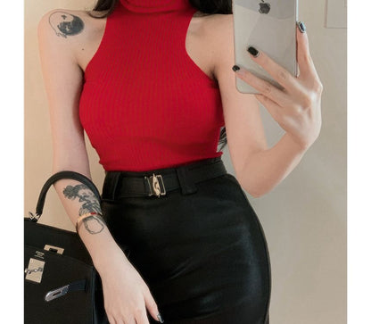 Sleeveless Plain Top Turtleneck