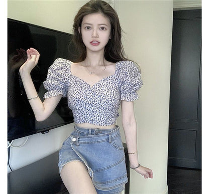 Puff-Sleeve Floral Cropped Blouse