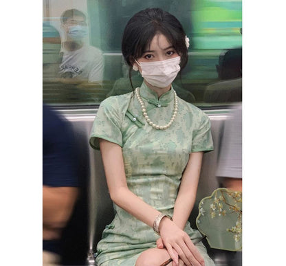 Short-Sleeve Floral Qipao