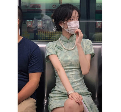 Short-Sleeve Floral Qipao