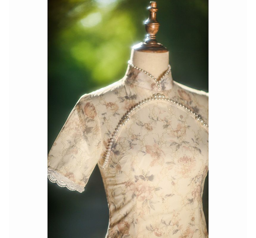 Short-Sleeve Faux Pearl Trim Qipao