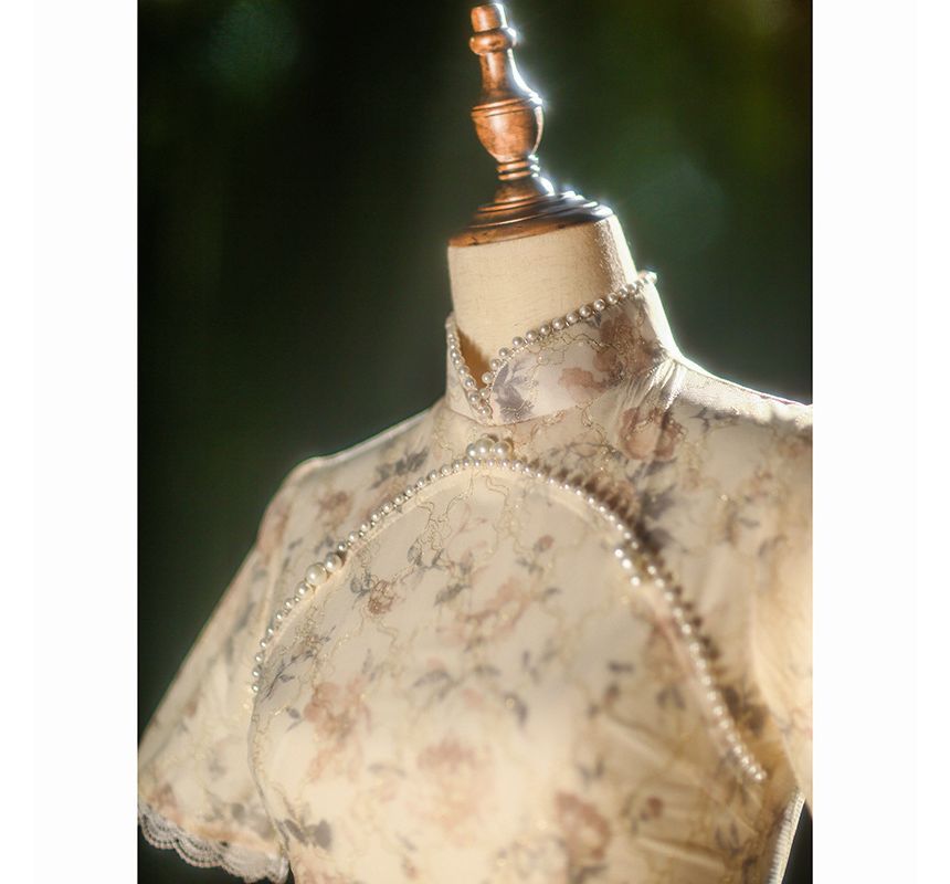 Short-Sleeve Faux Pearl Trim Qipao
