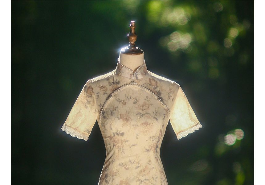 Short-Sleeve Faux Pearl Trim Qipao