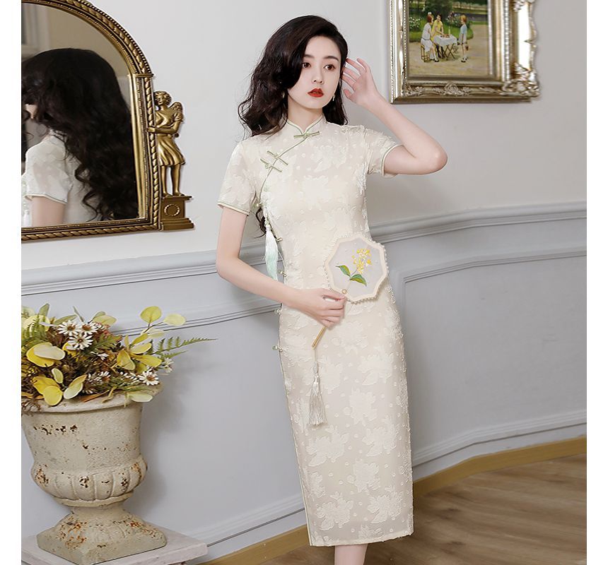Short-Sleeve Chiffon Midi Qipao