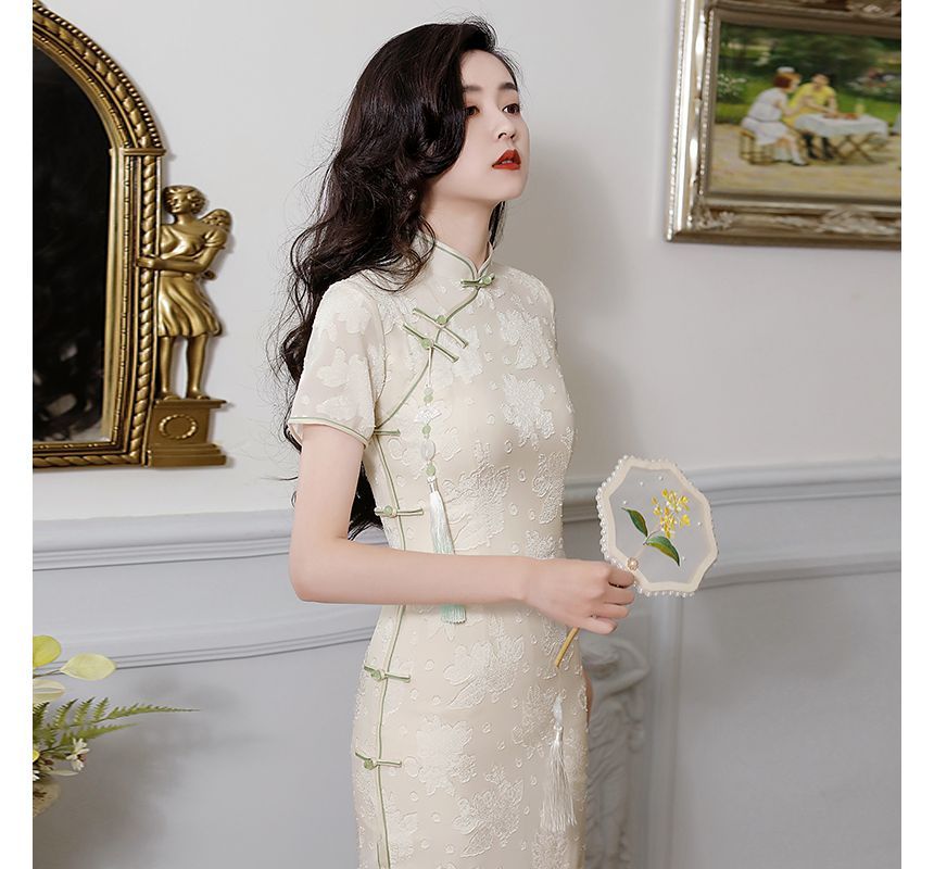 Short-Sleeve Chiffon Midi Qipao