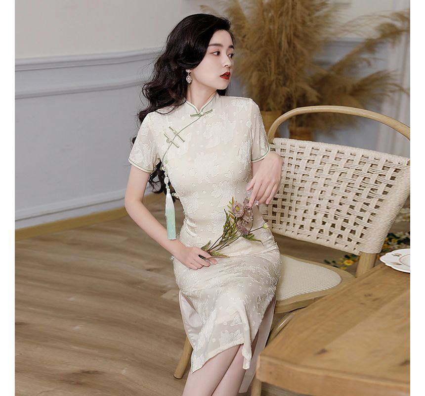 Short-Sleeve Chiffon Midi Qipao