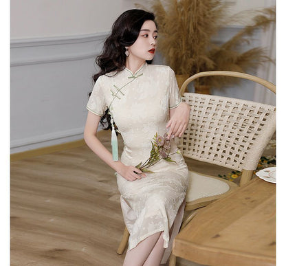 Short-Sleeve Chiffon Midi Qipao