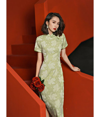 Short-Sleeve Chiffon Midi Qipao