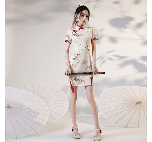 Short-Sleeve Deer Print Qipao