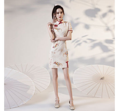 Short-Sleeve Deer Print Qipao