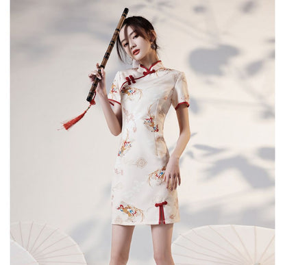 Short-Sleeve Deer Print Qipao