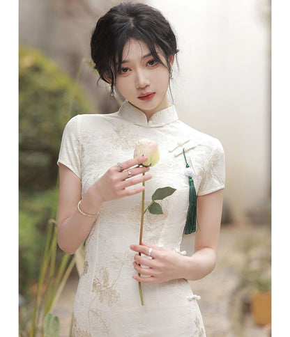 Short-Sleeve Floral Jacquard Midi Qipao