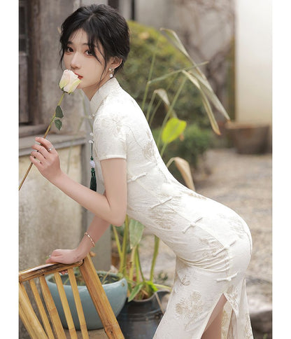 Short-Sleeve Floral Jacquard Midi Qipao