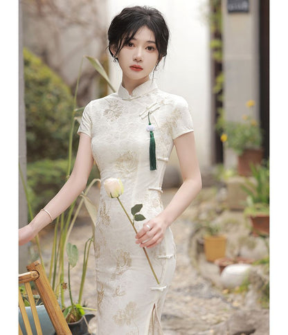 Short-Sleeve Floral Jacquard Midi Qipao