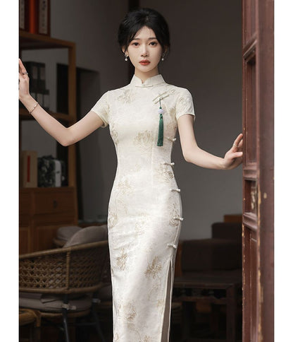 Short-Sleeve Floral Jacquard Midi Qipao