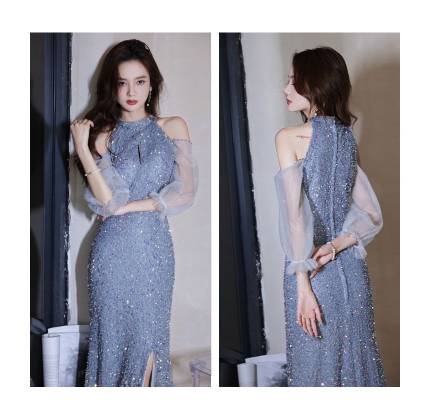 Cold-Shoulder Sequin Sheath Evening Gown