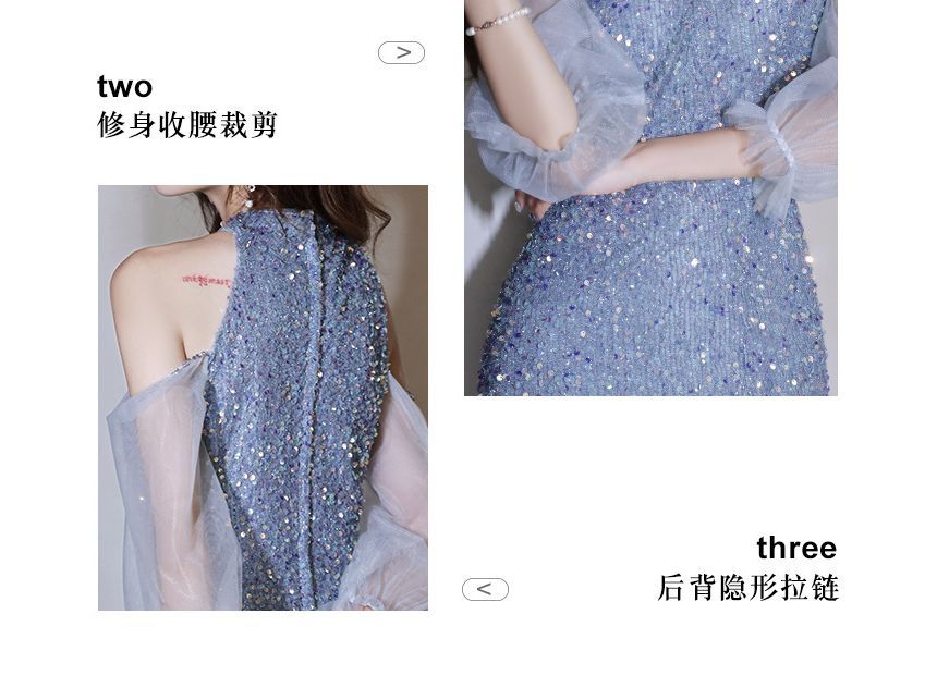 Cold-Shoulder Evening Sheath Sequin Gown