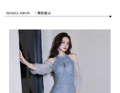 Cold-Shoulder Evening Sheath Sequin Gown