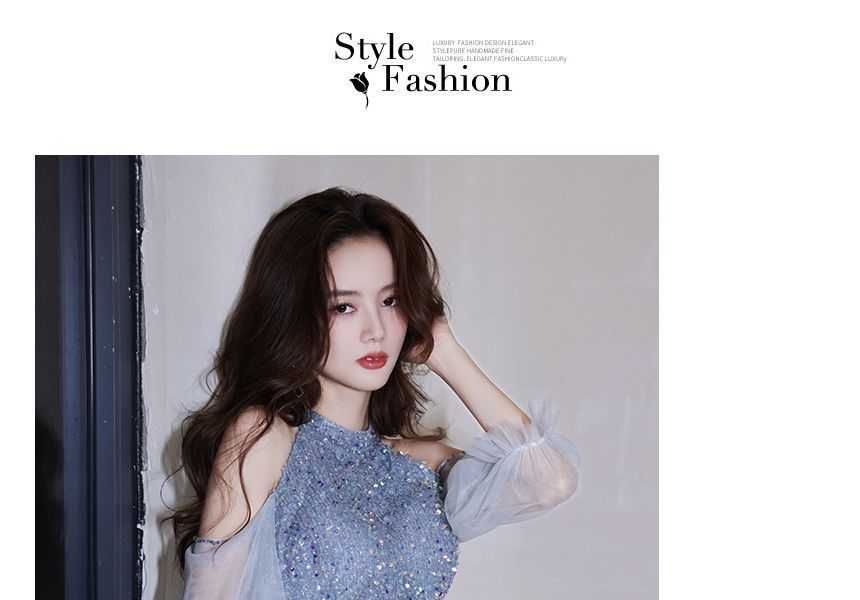 Cold-Shoulder Evening Sheath Sequin Gown