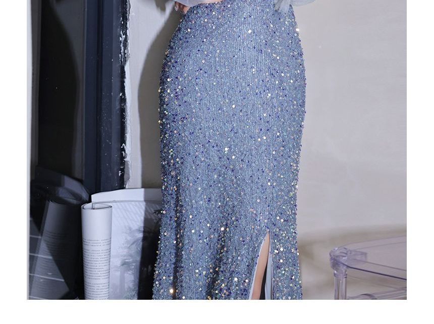 Cold-Shoulder Sequin Sheath Evening Gown