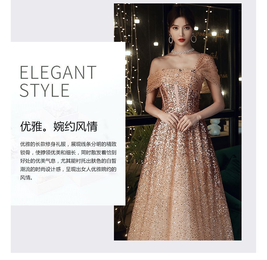 A-Line Sequin Gown Off-Shoulder Evening