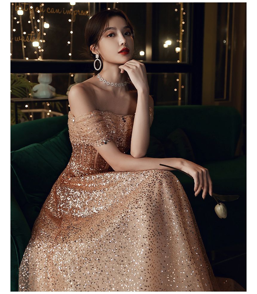 A-Line Sequin Gown Off-Shoulder Evening
