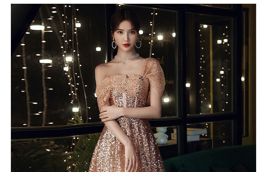 Off-Shoulder Sequin A-Line Evening Gown