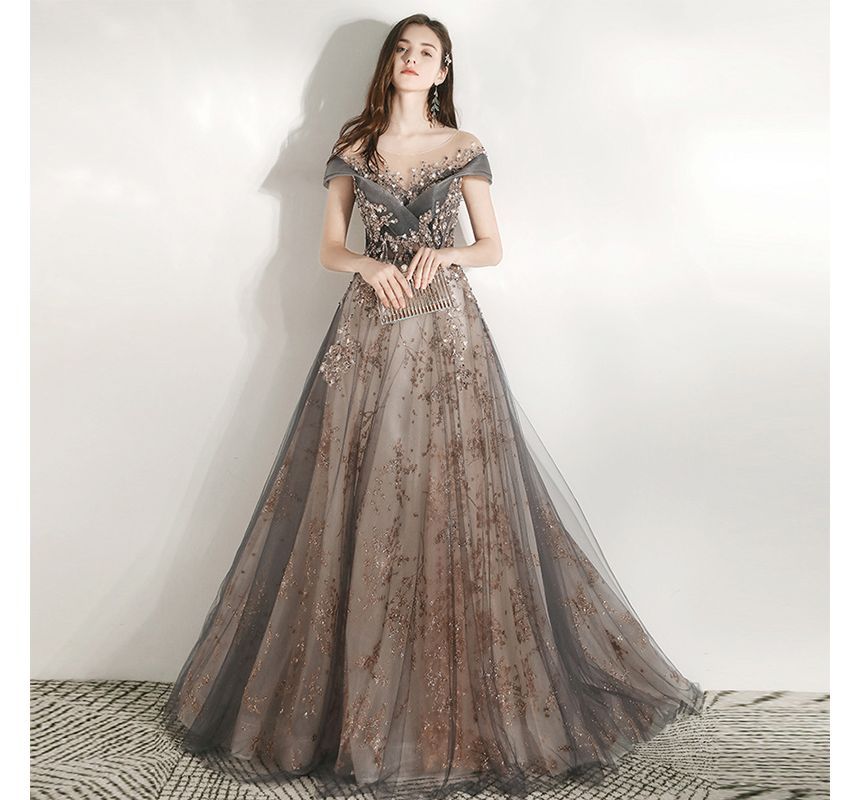 Gown Sequined Evening A-Line Short-Sleeve