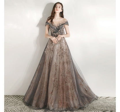 Gown Sequined Evening A-Line Short-Sleeve