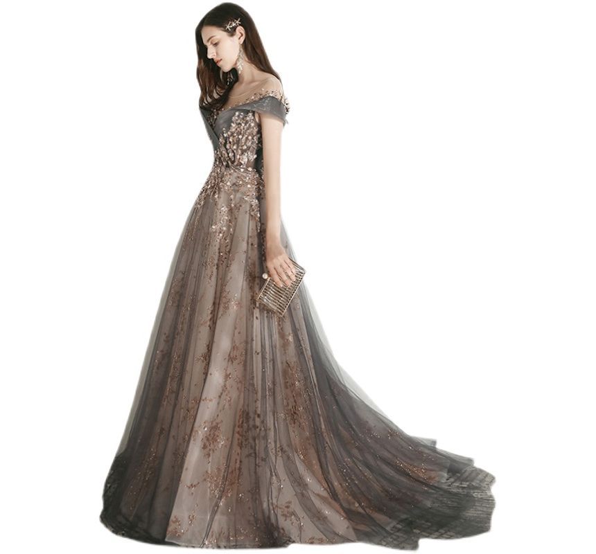 Gown Sequined Evening A-Line Short-Sleeve