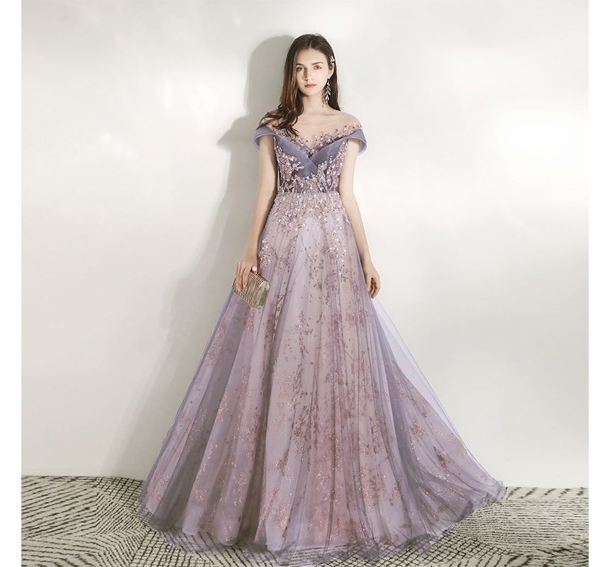 Gown Sequined Evening A-Line Short-Sleeve