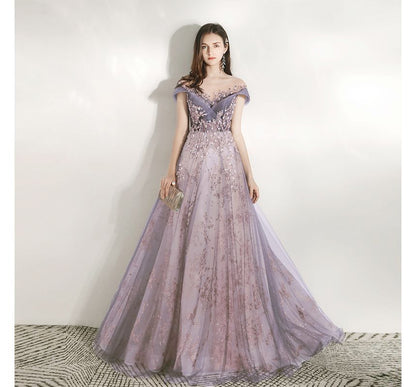 Short-Sleeve Sequined A-Line Evening Gown