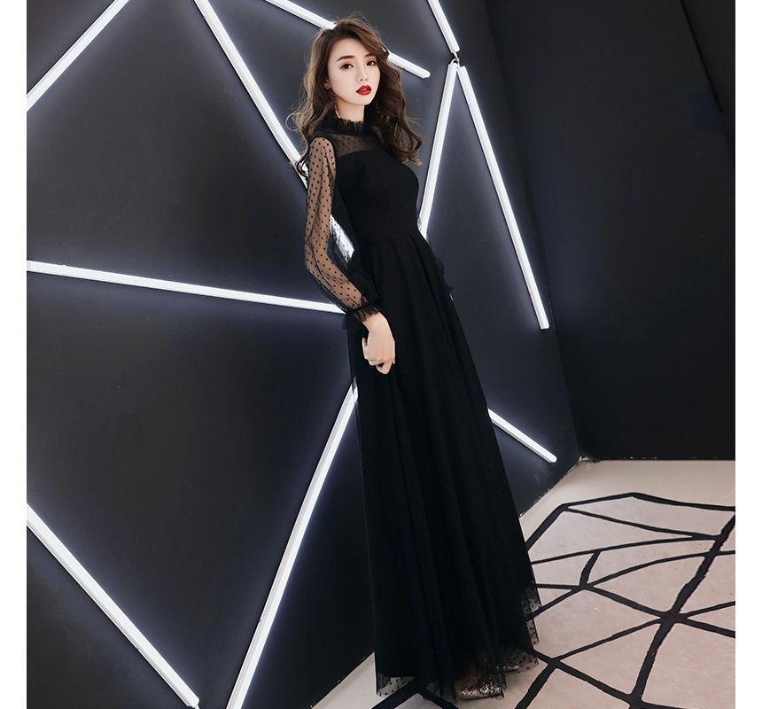 Long-Sleeve Mesh A-Line Evening Gown