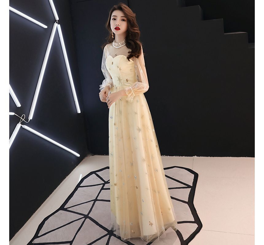 Evening Gown Mesh A-Line Long-Sleeve