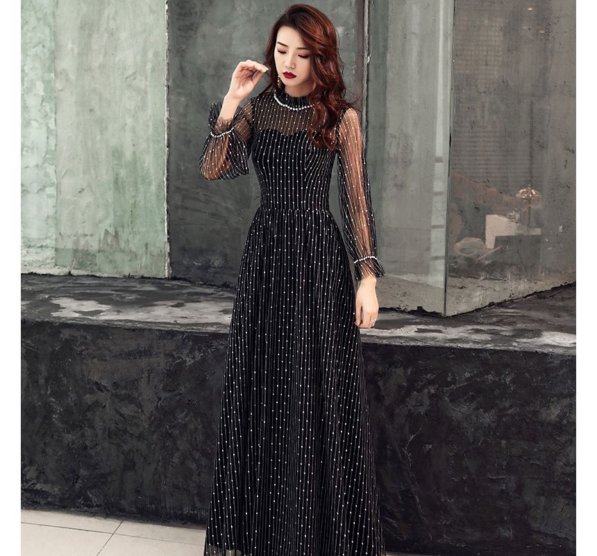 Long-Sleeve Mesh A-Line Evening Gown