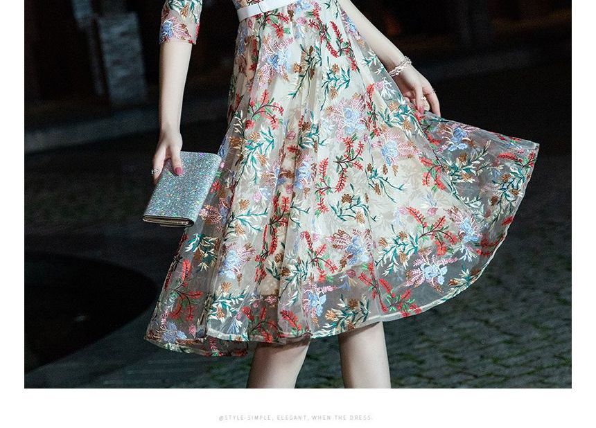 Elbow-Sleeve Floral A-Line Cocktail Dress