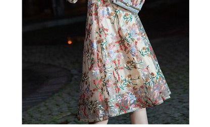 Elbow-Sleeve Floral A-Line Cocktail Dress