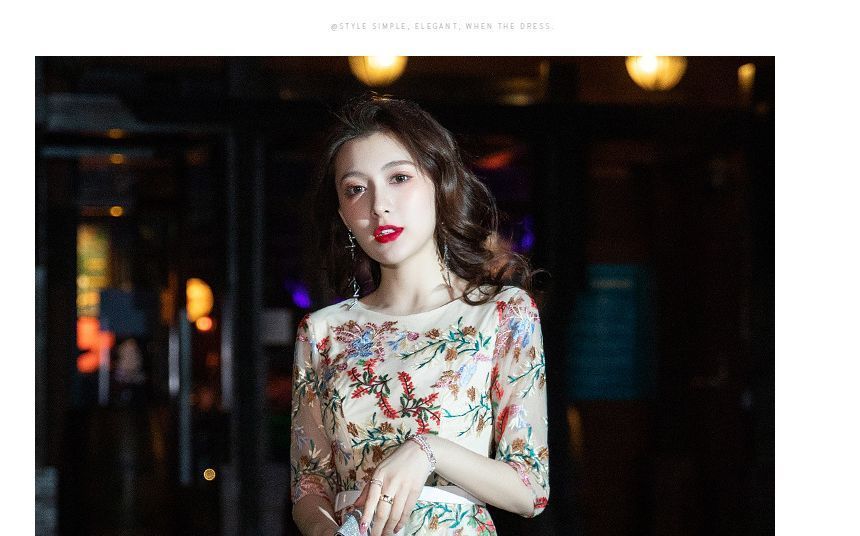 Elbow-Sleeve Floral A-Line Cocktail Dress